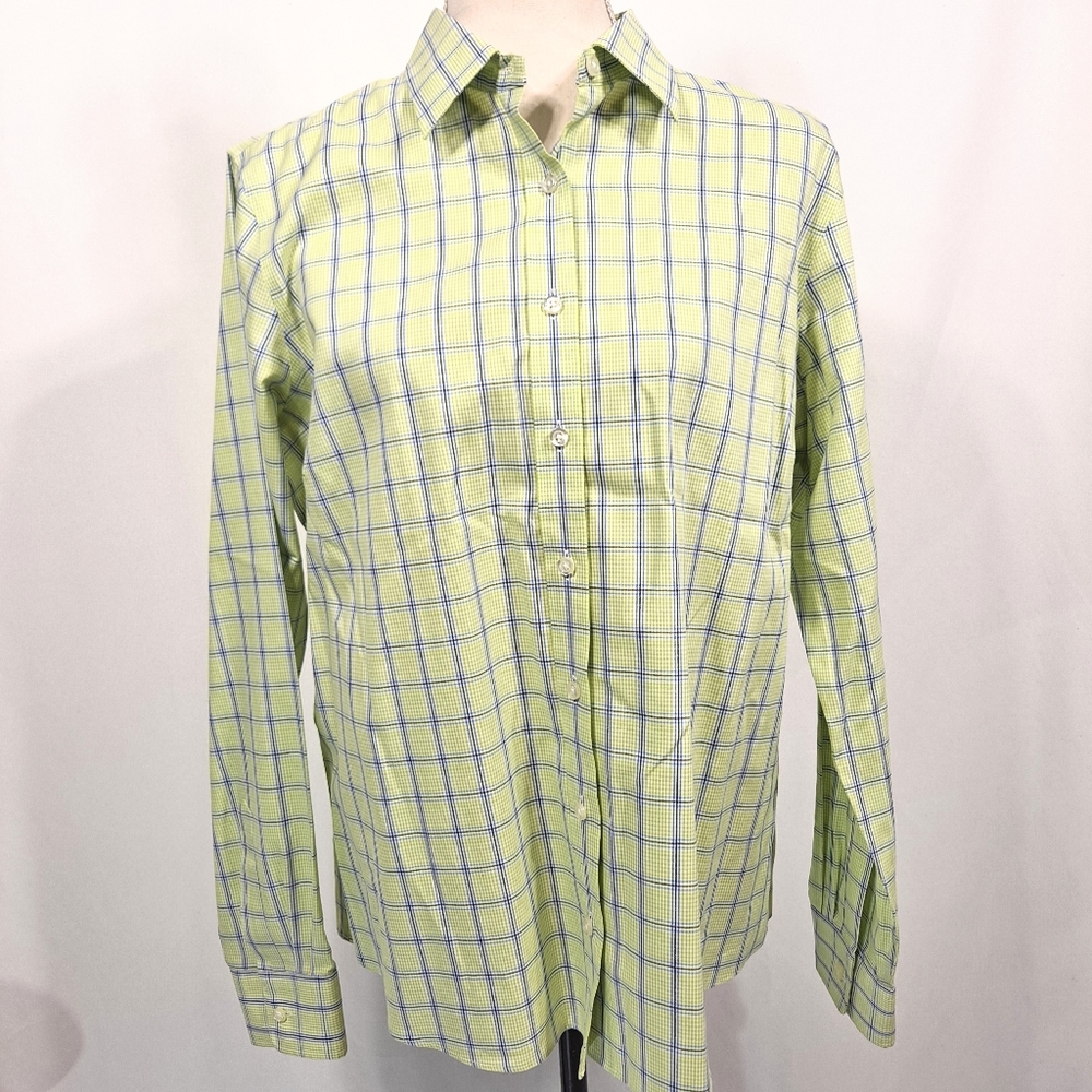 Lands' End Yellow Green Striped No Iron Pinpoint Oxford Button Down Shirt